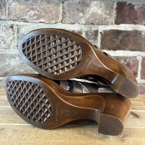 AEROSOLES Open Toe Brown Leather Chunky Block Heel Sandals Sz 8.5 - Picture 10 of 14